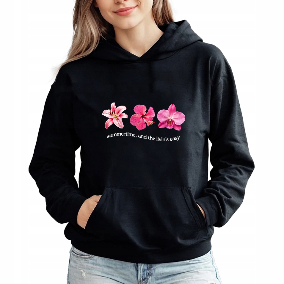 Mikina S Kapucí Černá Bavlněná mikina Módní Flower Summertime M