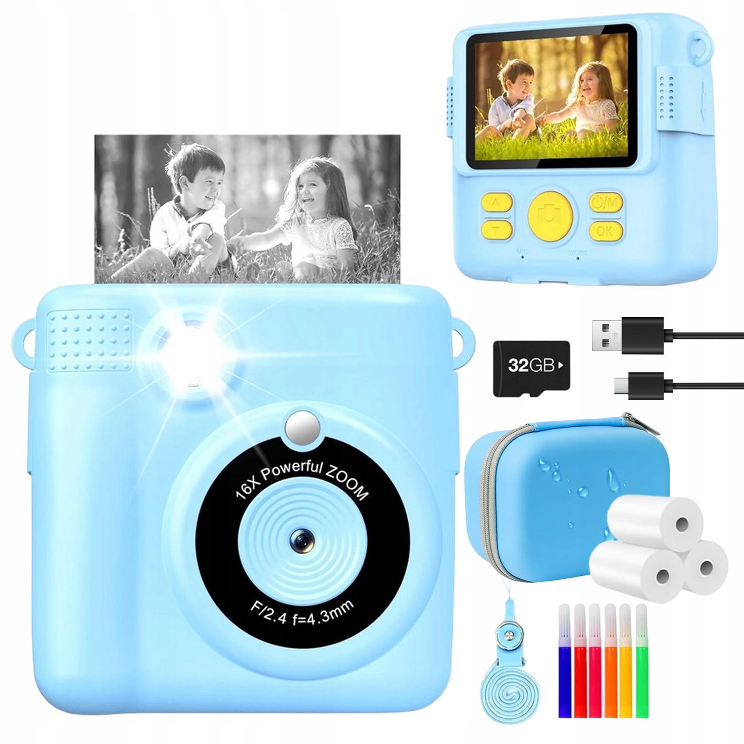 Mini Tiskárna Instantního Termálního Fotoaparátu Modrá S 3 Rolkami