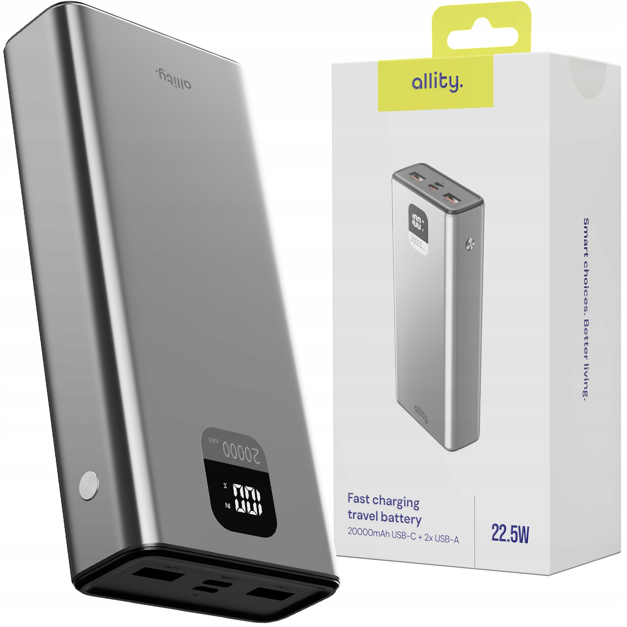 Powerbanka s displejem, 2x Usb-a 1x Usb-c 22.5W 20000mAh Pd Qc, Allity