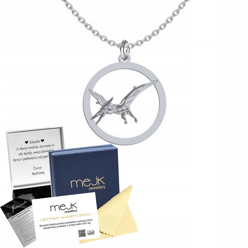 Stříbrný náhrdelník s Pterodactyl 925 Řetízek Šperky Dárek Gravírování