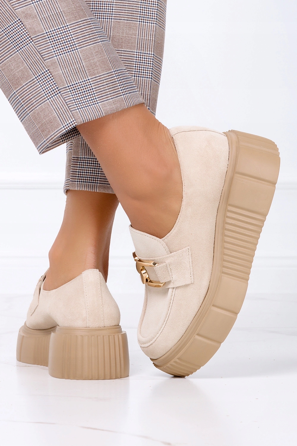 LEKKIE MOKASYNY SKÓRZANE NA PLATFORMIE PÓŁBUTY WSUWANE BEŻOWE DAMSKIE r 40 Rozmiar 40