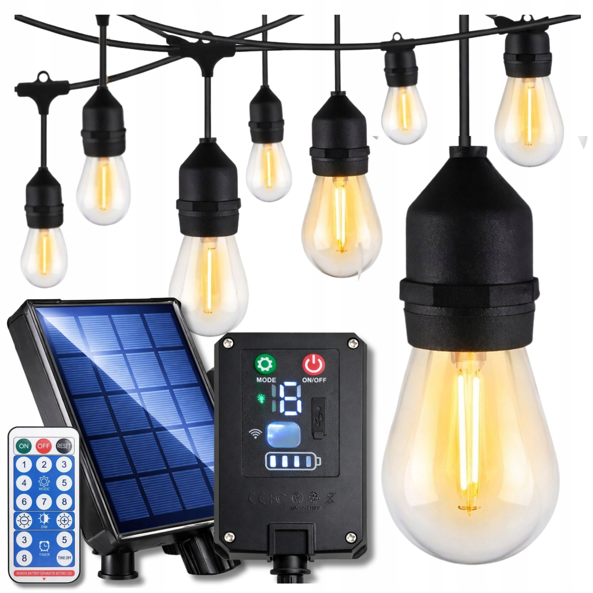 GIRLANDA SOLARNA OGRODOWA ŚWIETLNA ŻARÓWKI 8 Programów 20m 20LED + PILOT