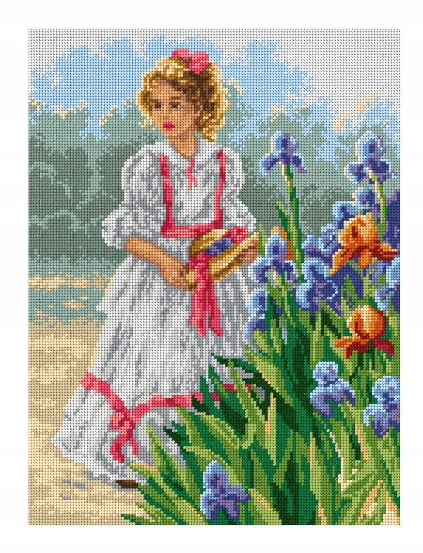 Vyšívací sada 30x40cm, holčička s kosatcem (8039) Ariadna