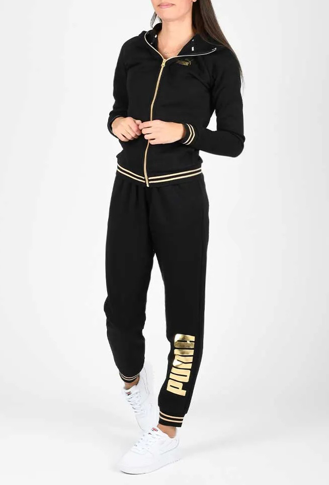 3262 Komplet Dresowy Damski Puma Bawełniany Czarny z kapturem Ocieplany S