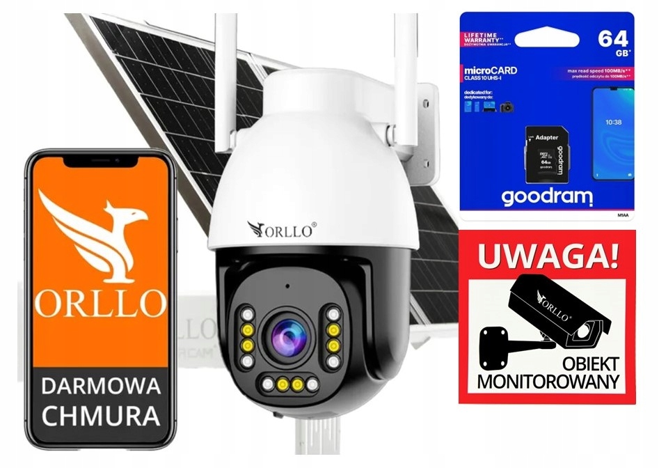 WiFi kamera Orllo Z9 Ultra 4MP 10xZoom Solární Panel Karta 64GB napájecí adaptér