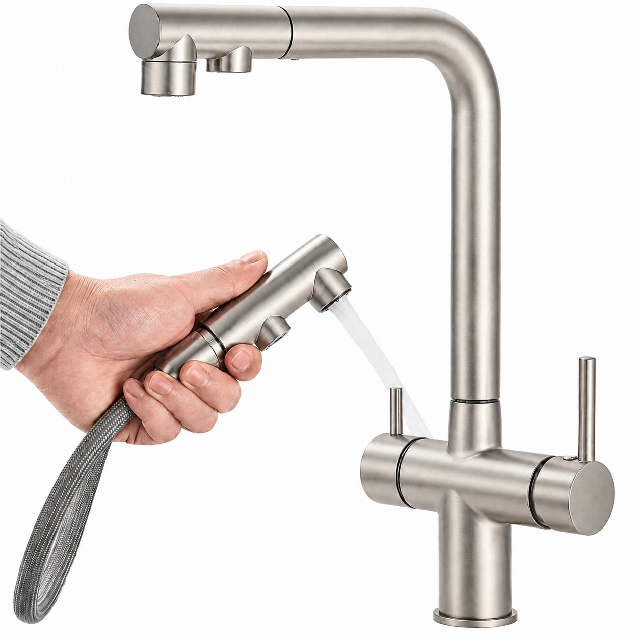 Kuchynská batéria 3v1 Trojcestná Filtrácia vody Vyťahovateľná Strieborná Nikel