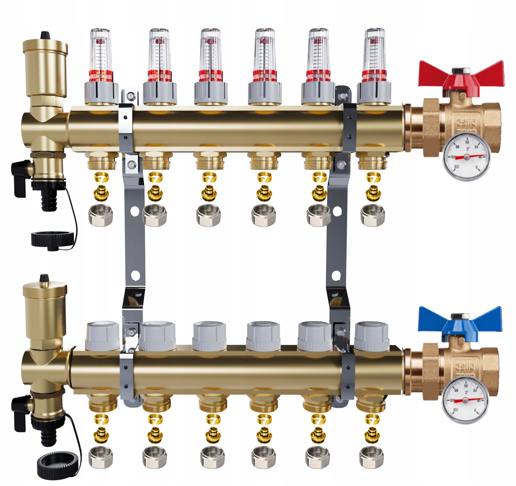 Rozdělovač Pro Podlahovku 6 Okruhů Jednoduchý Kulový Ventil Teploměr Pex