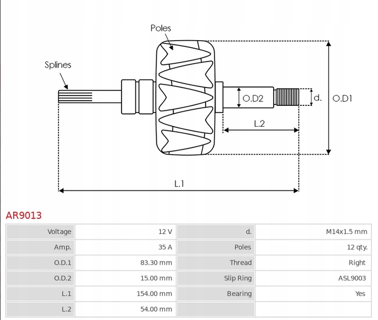 Wirnik alternatora ELMOT AR9013 AS-PL Numer katalogowy części AR9013