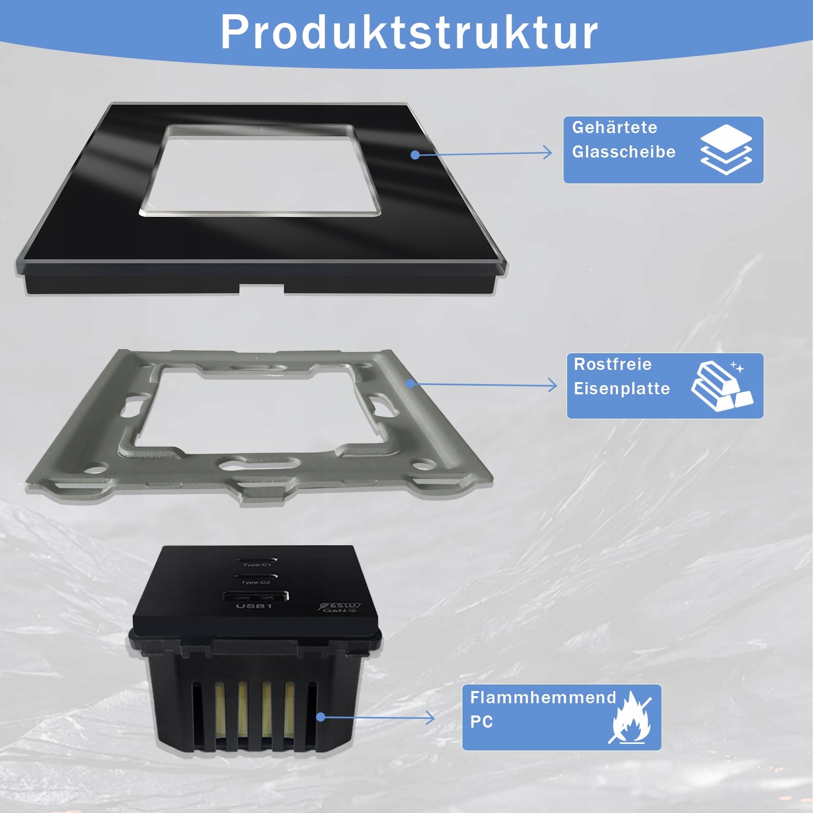 TAWOIA Gniazdko Schuko 65W USB C Szybkie Ładowanie Czarny Szklany Panel — miniatura 4