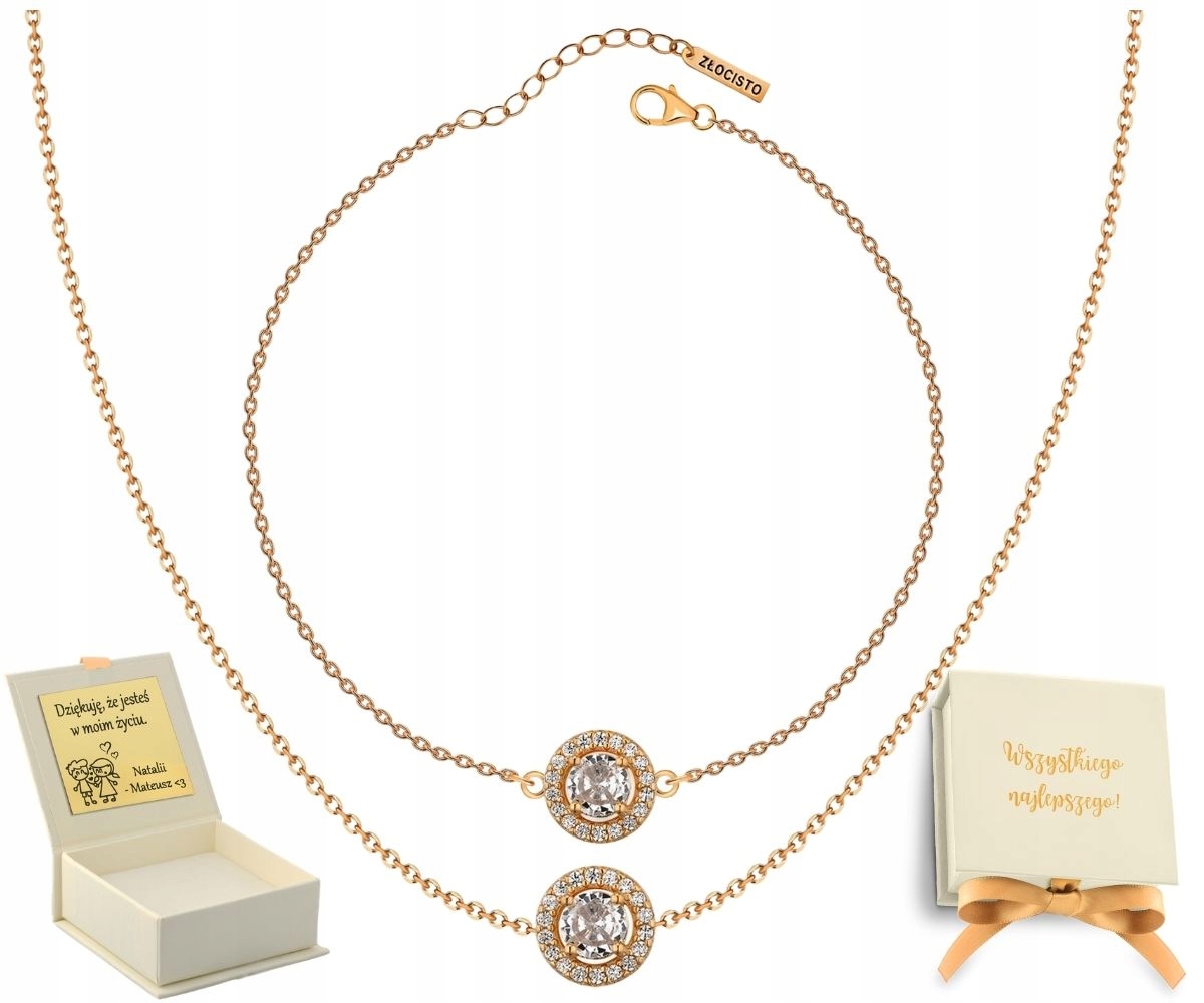 Náramek Náhrdelník Komplet Růžové Zlato Se Zirkony Stříbro 925