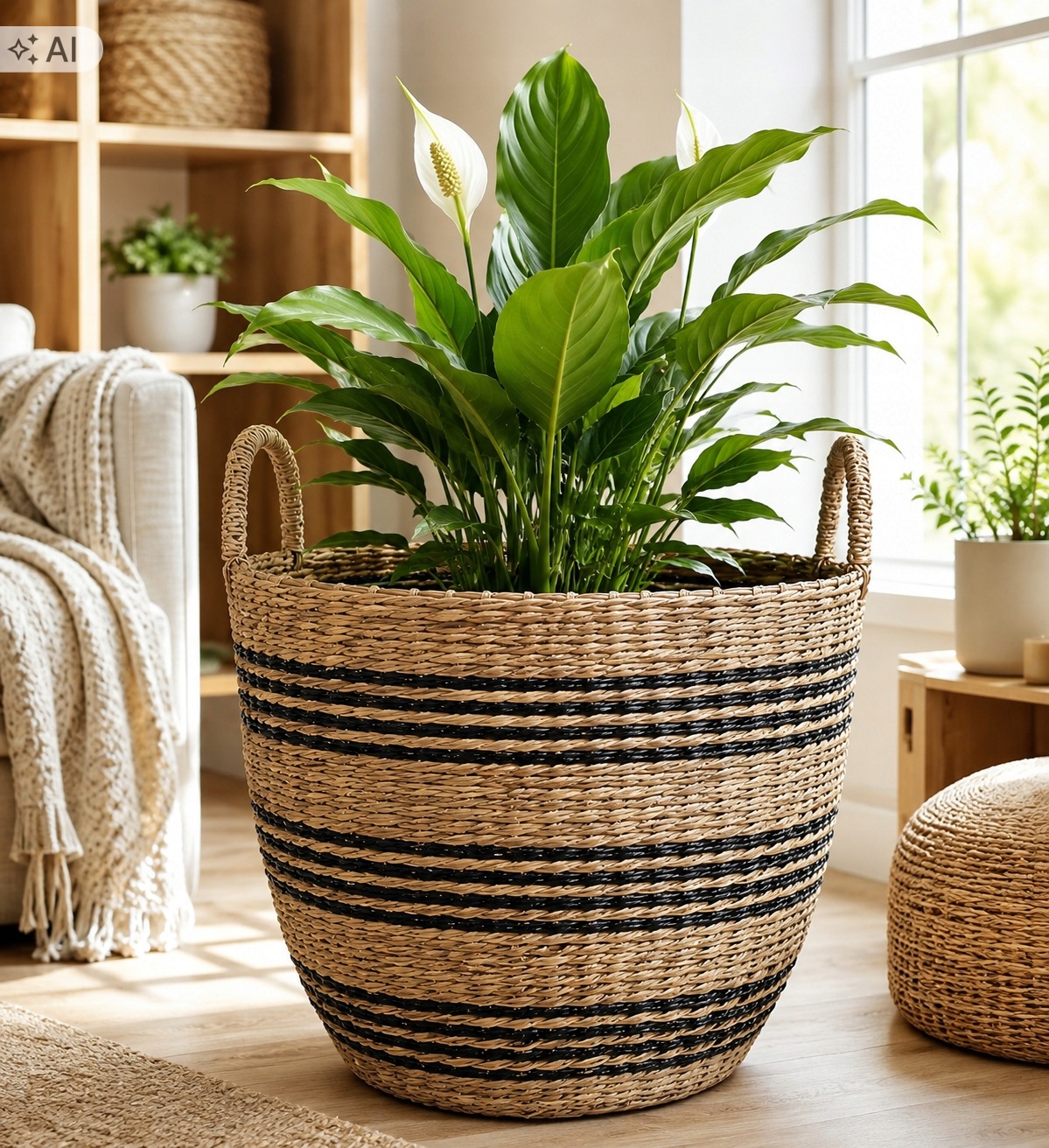 Kosz pleciony z trawy morskiej 36×30 cm boho na koce zabawki lub donicę