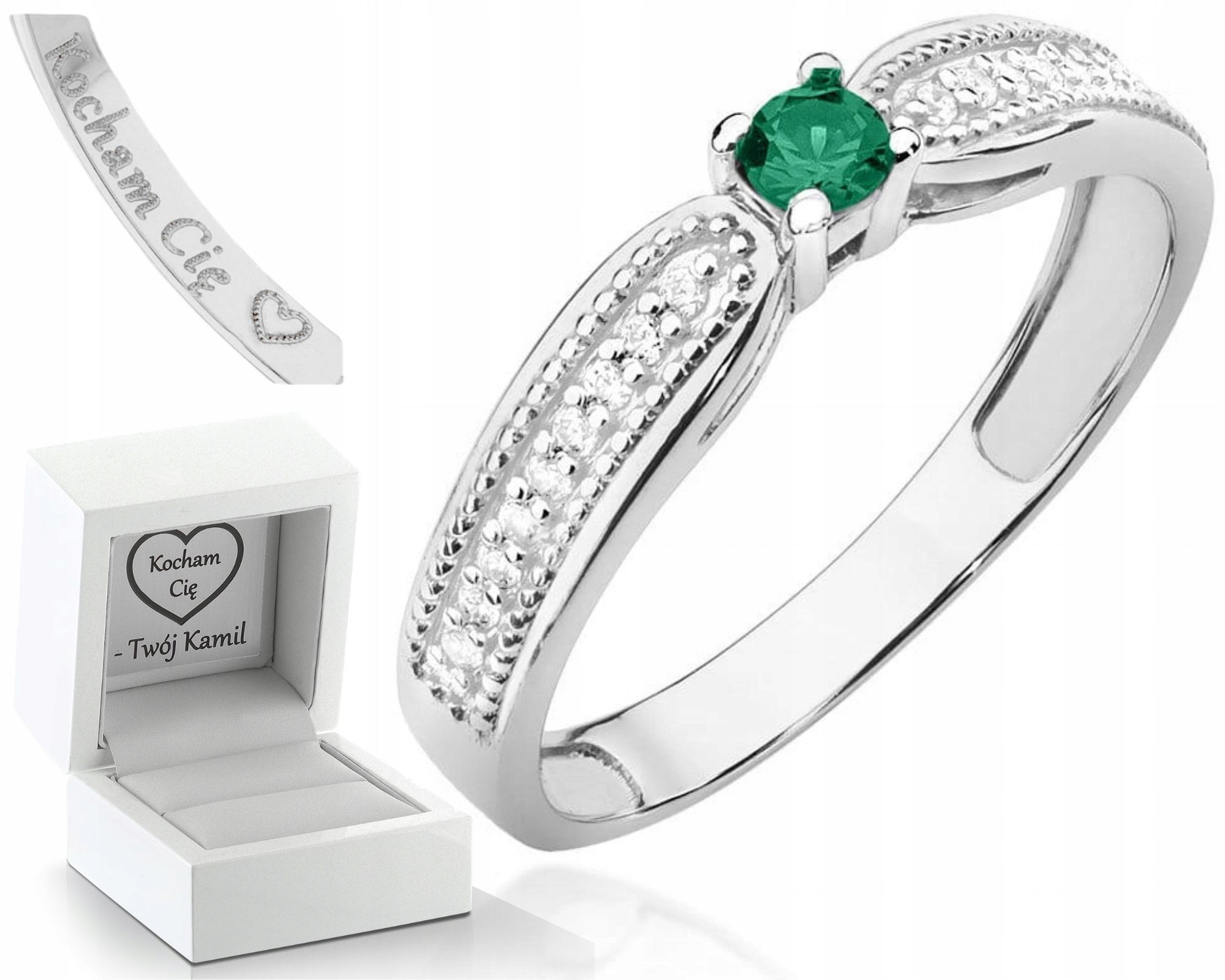 Prstýnek Bílé Zlato Smaragd Brilianty Gravírování