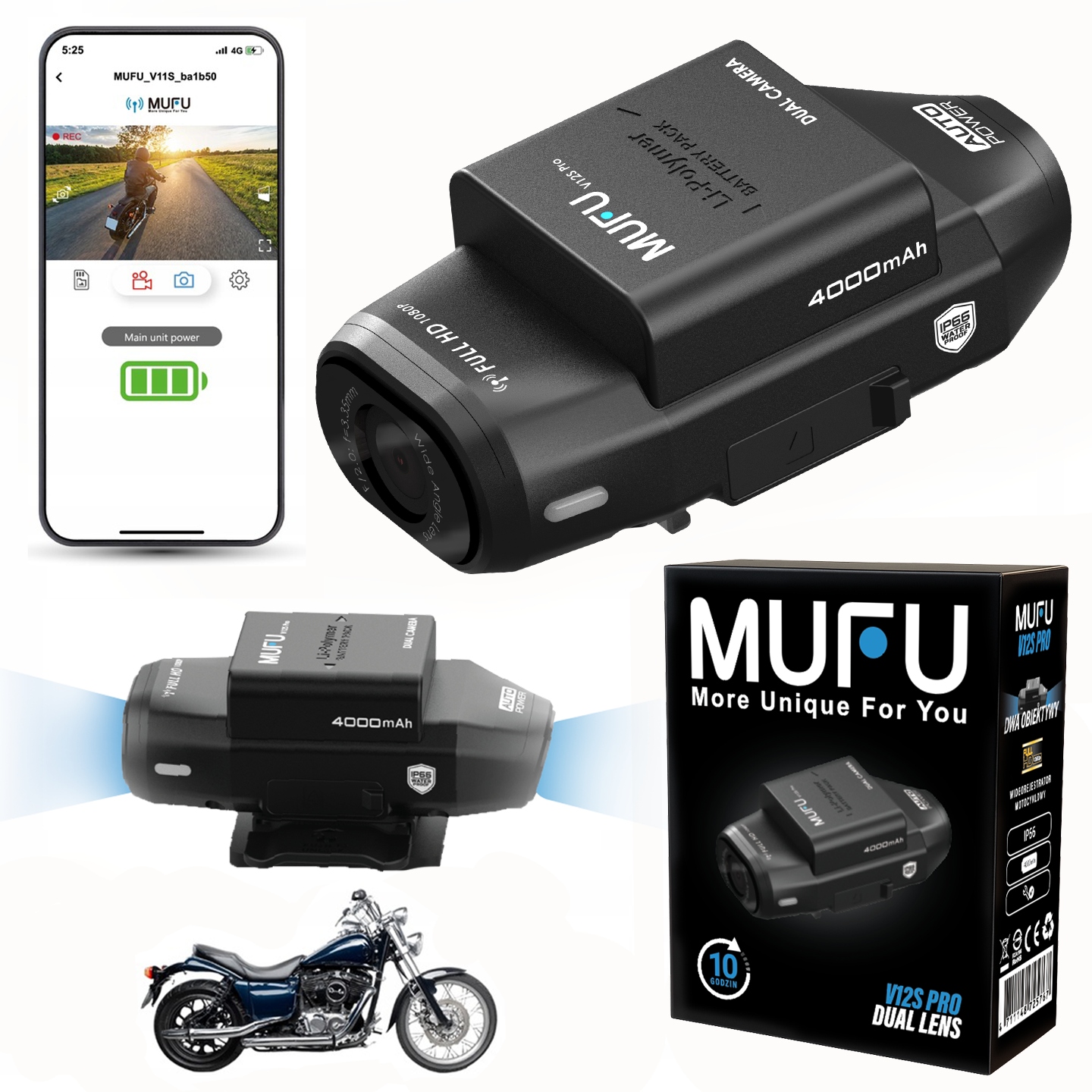 Kamera videorekordér na motocykl Mufu V12S pro 1080p 30fps Dvě kamery