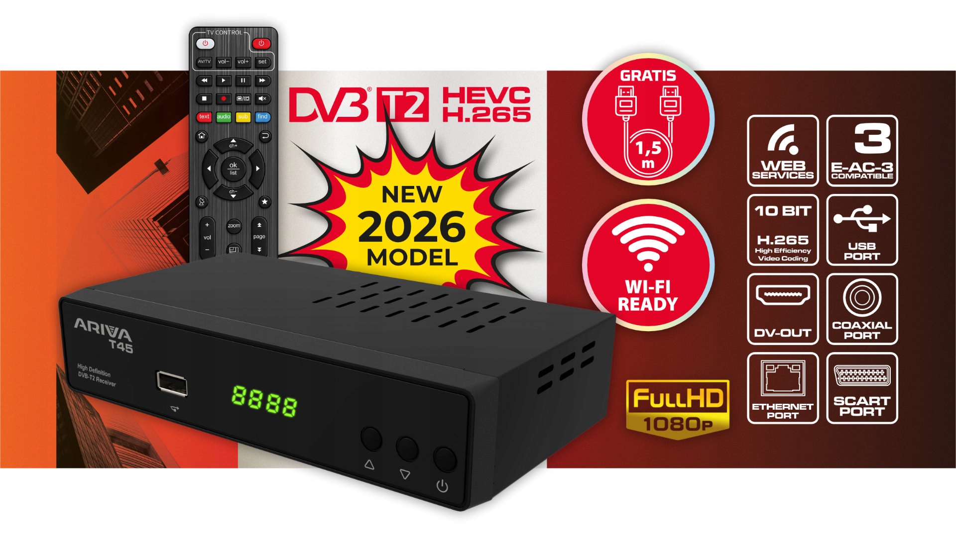 Dekoder odbiornik telewizji naziemnej DVB-T2 Hevc Usb pilot Hd Hdmi