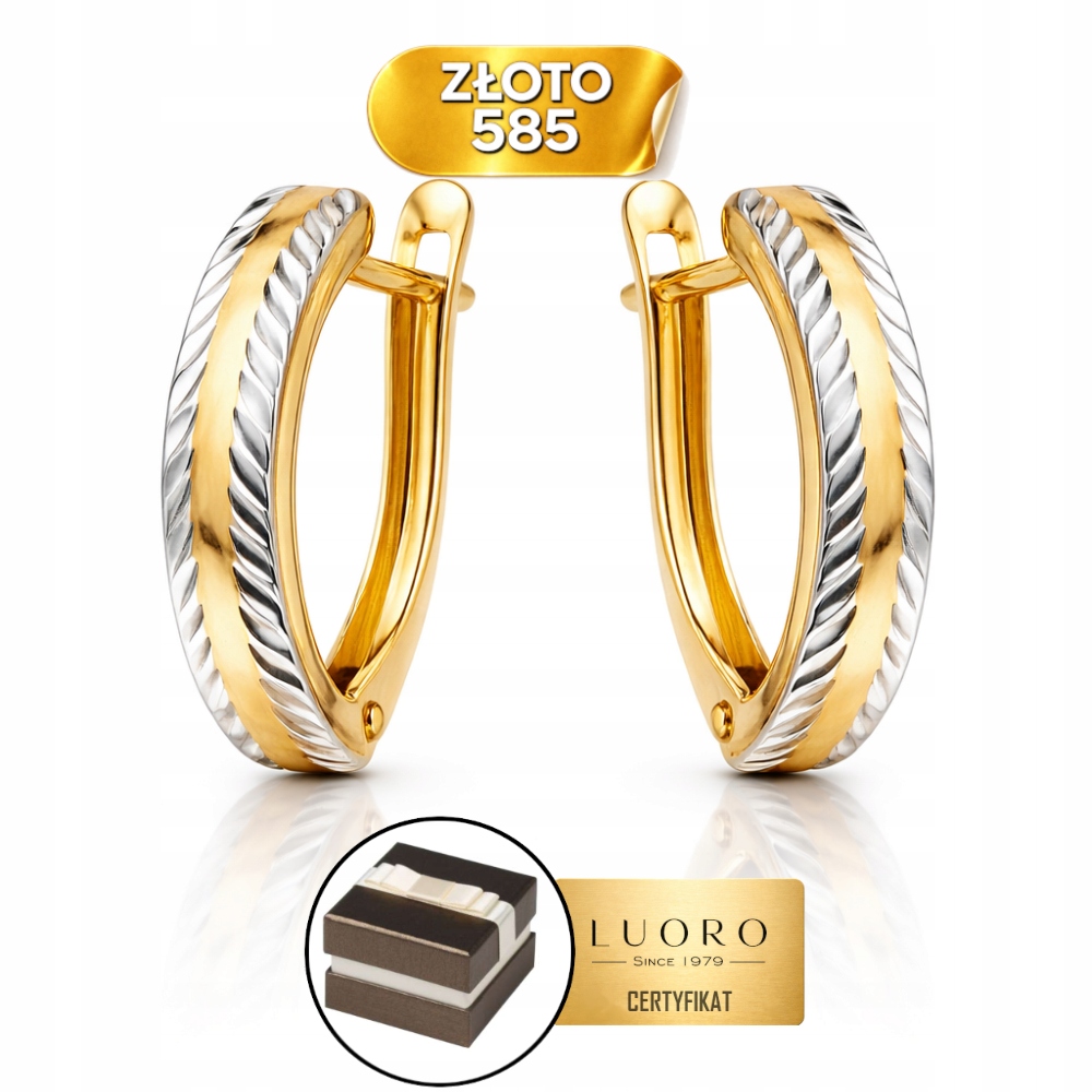 Náušnice Zlaté 585 14K Obdélník Diamantové Dvě Barvy Zlata 15 MM