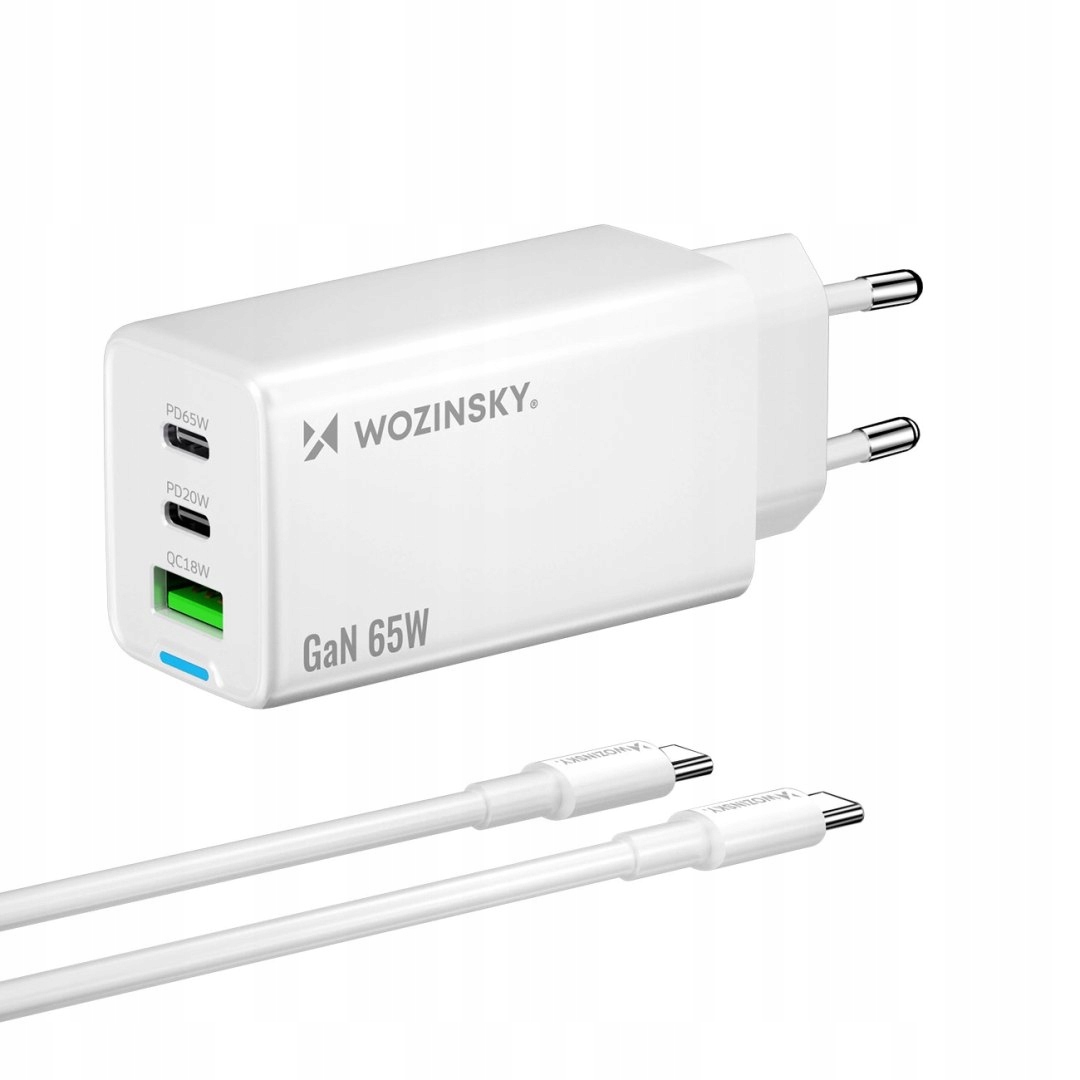 Wozinsky ładowarka GaN 65W z portami Usb-a 2xUSB-C z kablem Usb-c 65W bia