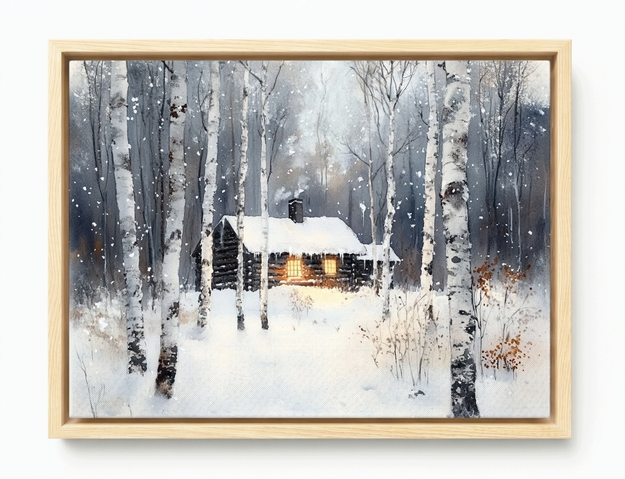 Obraz Rám American Box Chatka V Lese Zima Sneh Brezy Akvarel 80x60