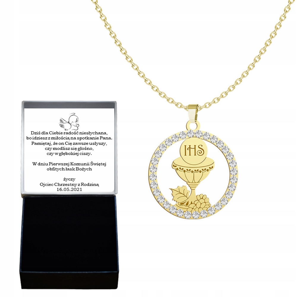Zlatý náhrdelník Hostie s kalichem 925 I Svaté Přijímání svaté Gravírování Bonus