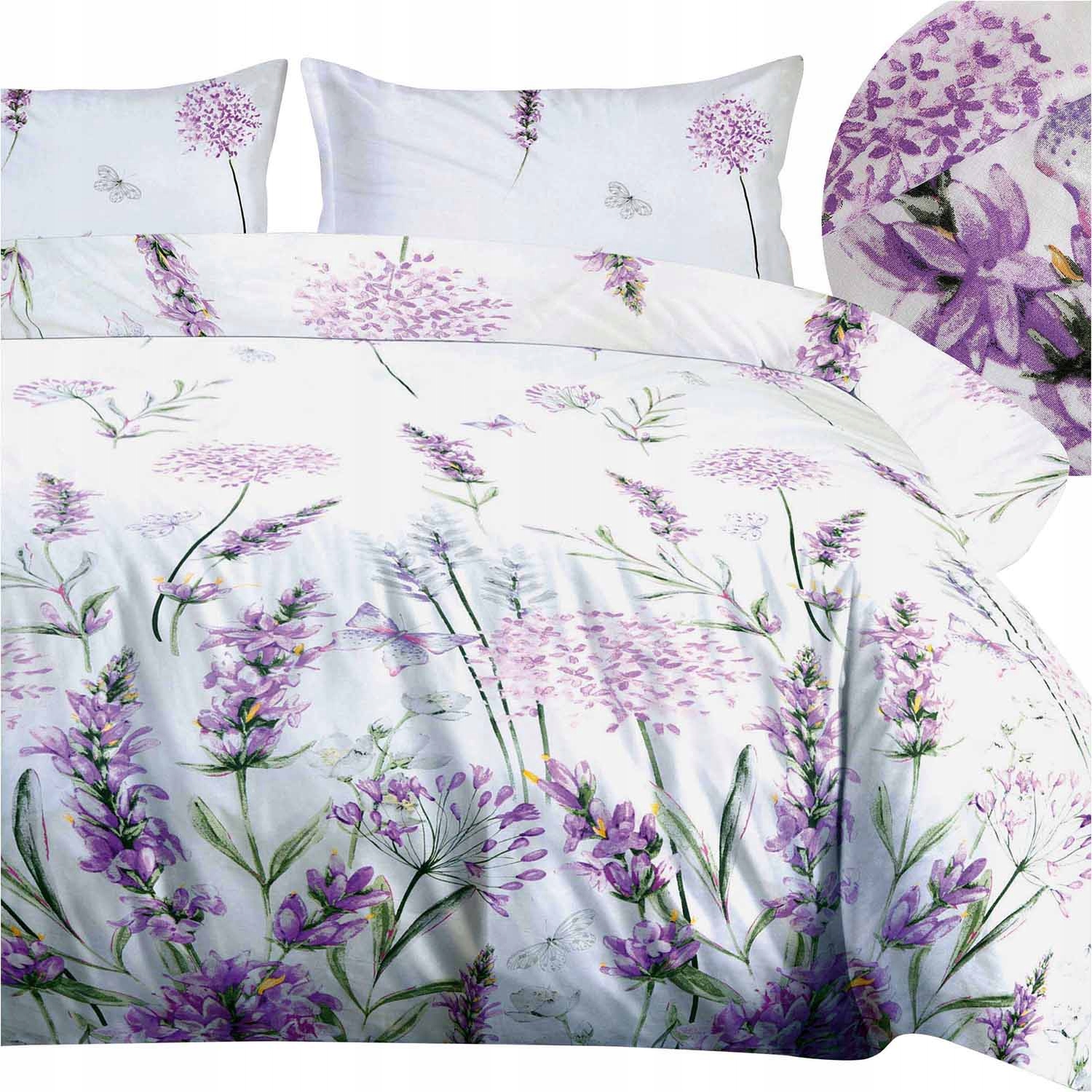 Pościel bawełniana 220x200 Cottonlove biała fioletowe kwiaty lawenda