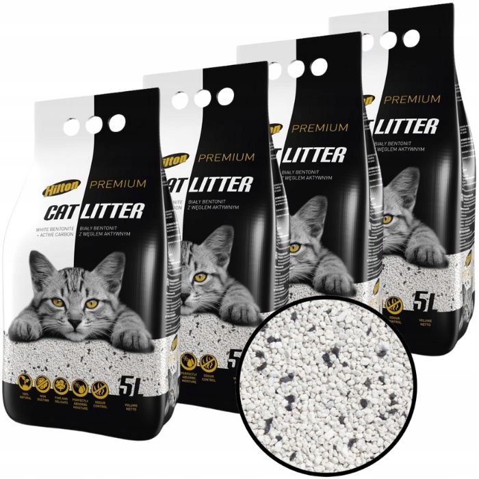 Hilton Żwirek dla kota Biały bentonit z węglem aktywnym 4 x 5l