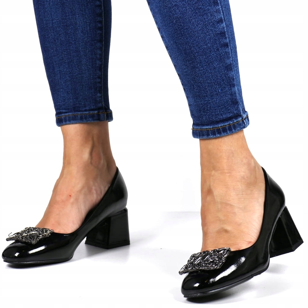 ELEGANCKIE CZÓŁENKA BUTY DAMSKIE NA KLOCKU NISKIM OBCASIE CZARNE LAKIER HOT Rozmiar 37