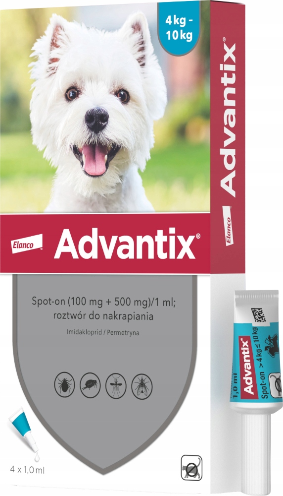 Advantix Spot On na kleszcze pchły przeciw pasożytom 4x1ml psy 4 -10kg