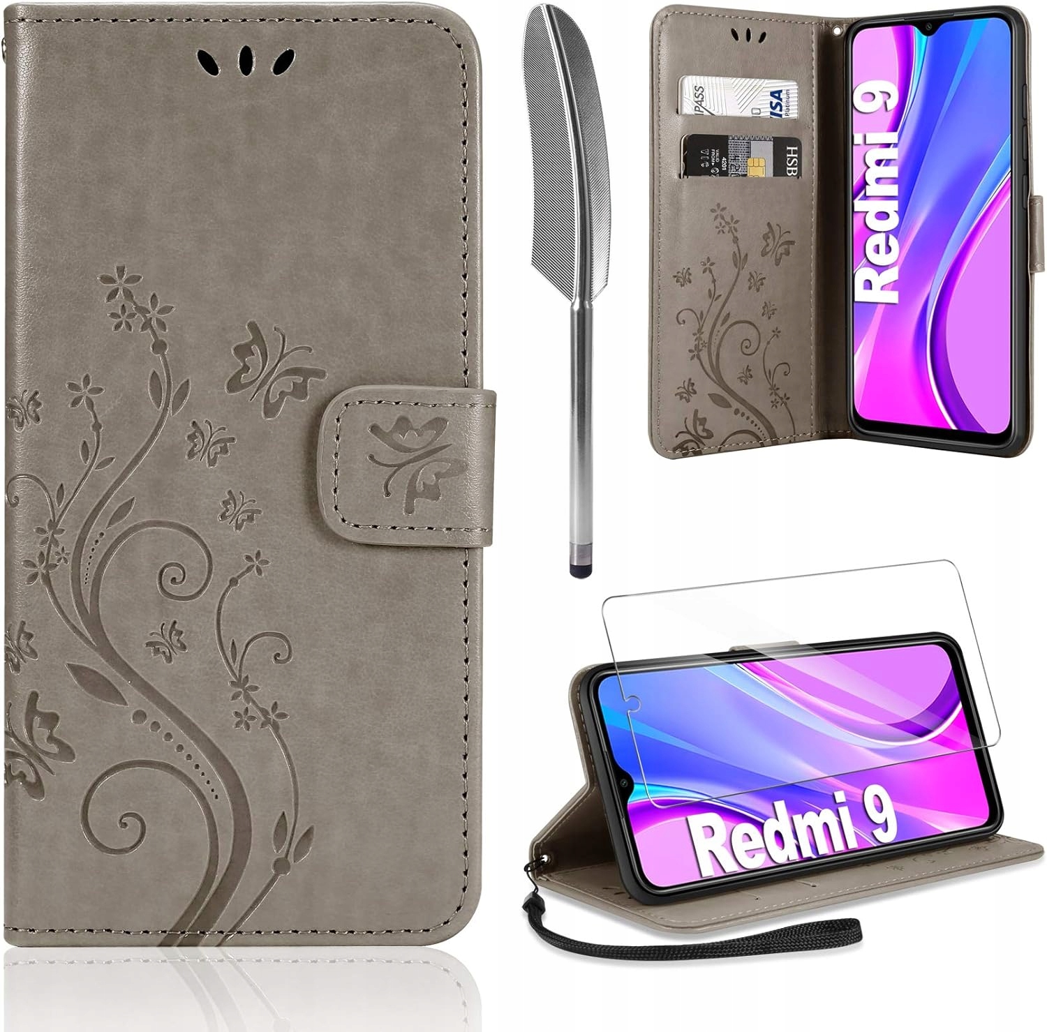 ETUI Z KLAPKĄ XIAOMI REDMI 9 SZARE +FOLIA OCHRONNA I RYSIK M2004J19AG ...