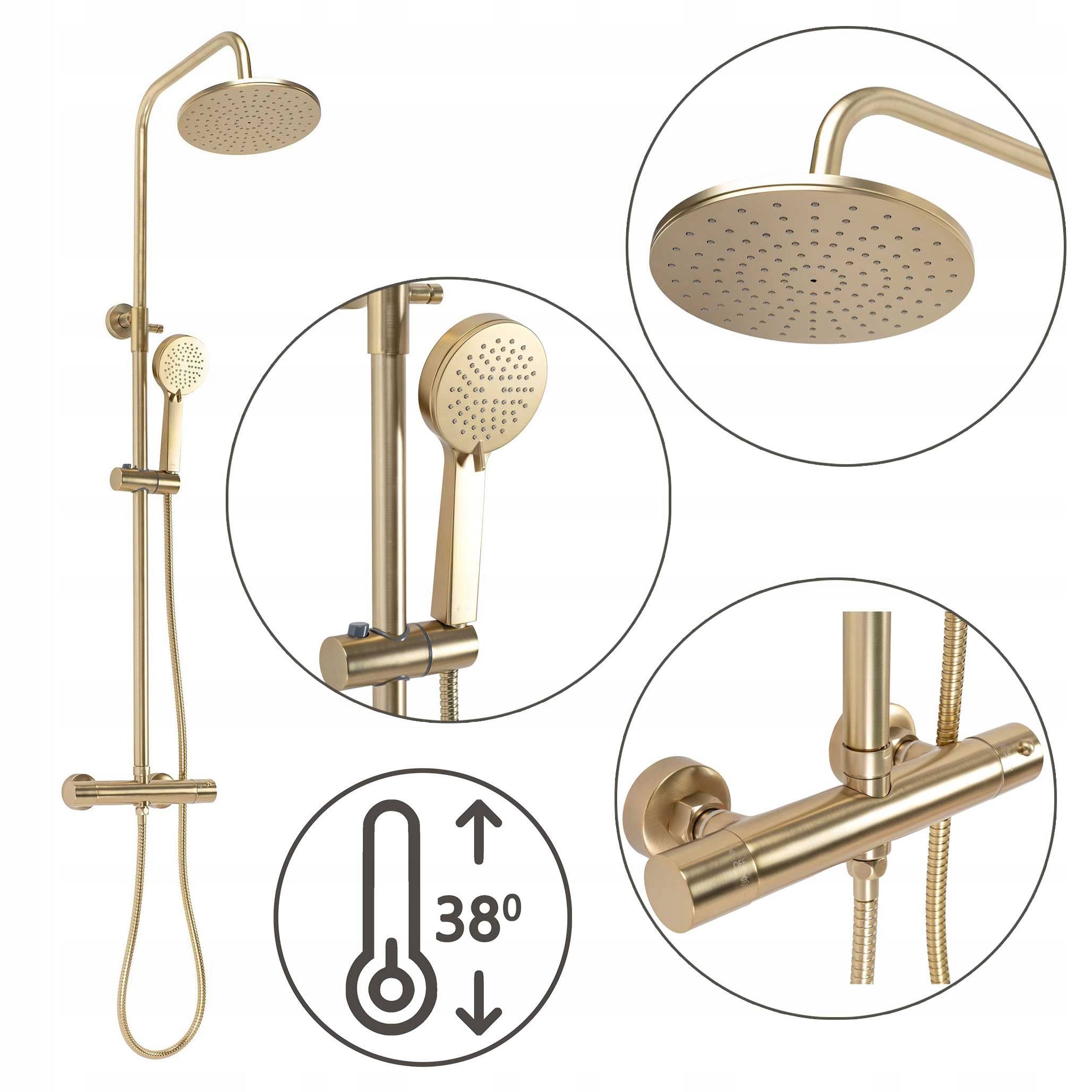 Sprchový set s termostatom a dažďovou sprchou Zlatý kartáčovaný Rea Parot