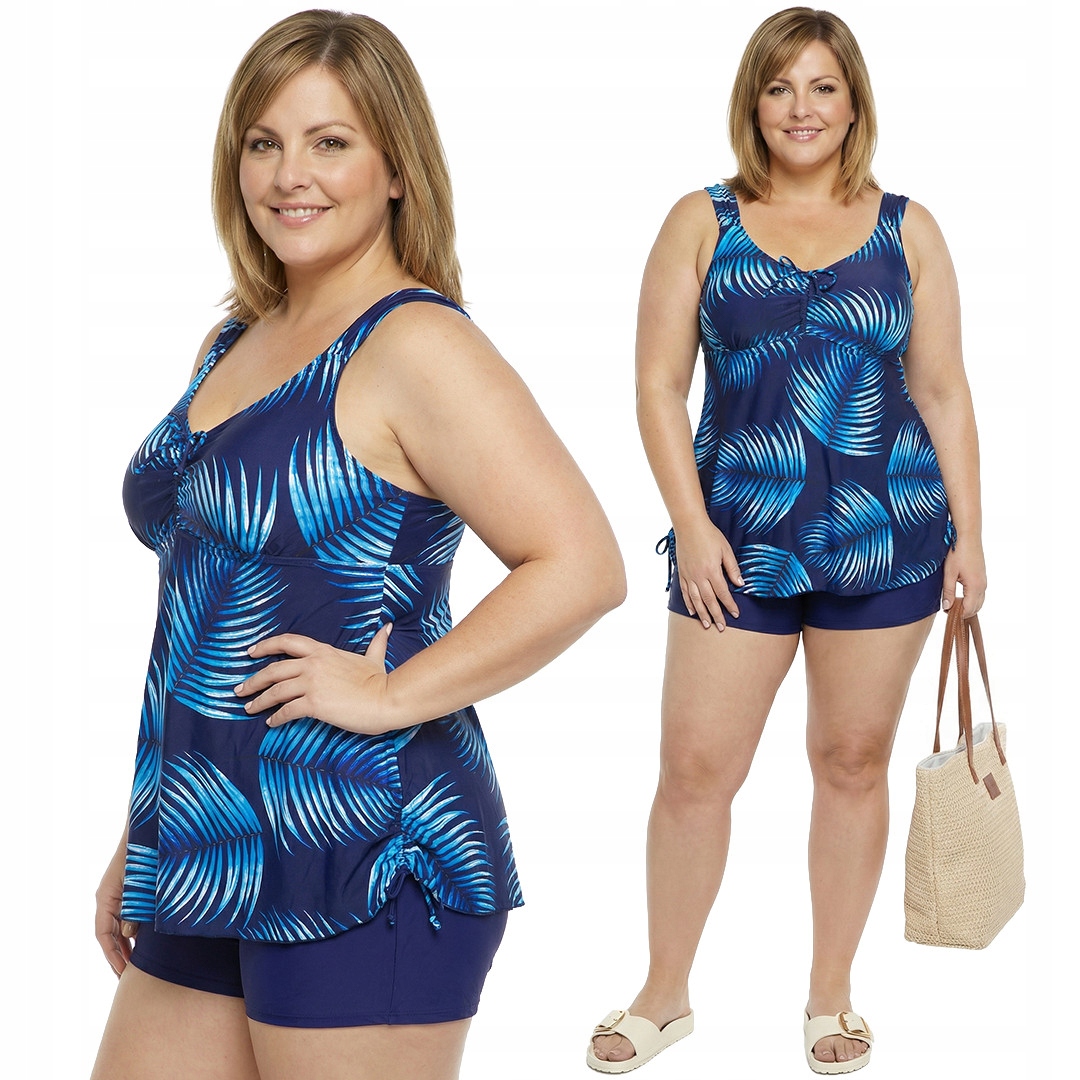 Tmavě modré plavky s modrými listy plus size velikost 56