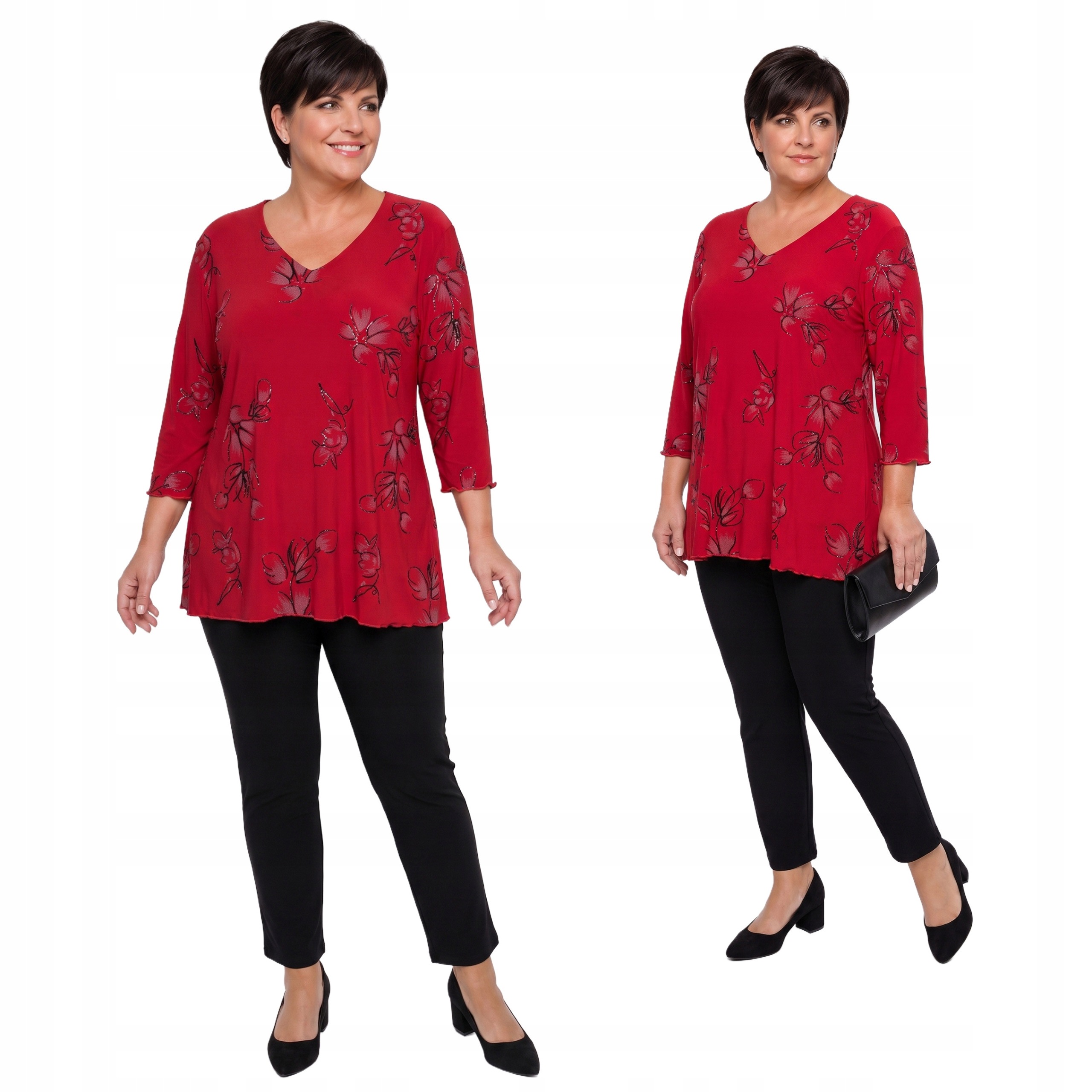 Červený komplet s brokátovými květy plus size velikost 60/62