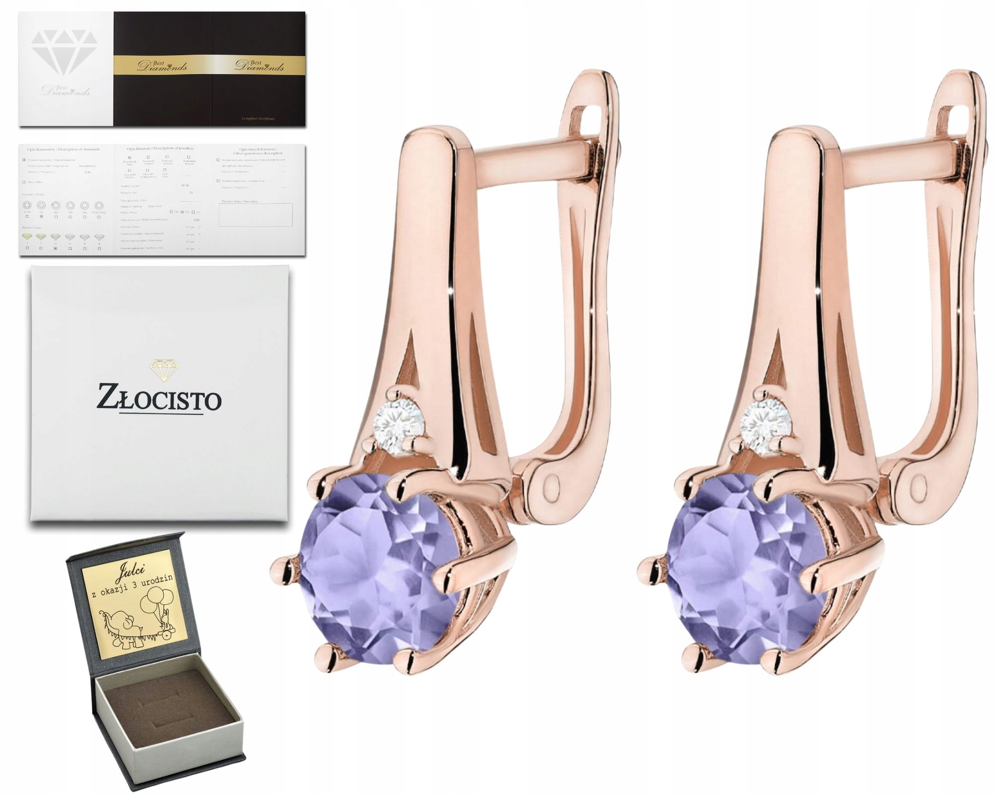 Růžové Zlato Náušnice S Tanzanitem A Diamanty Zlato 585 Jako Dárek Gravírování