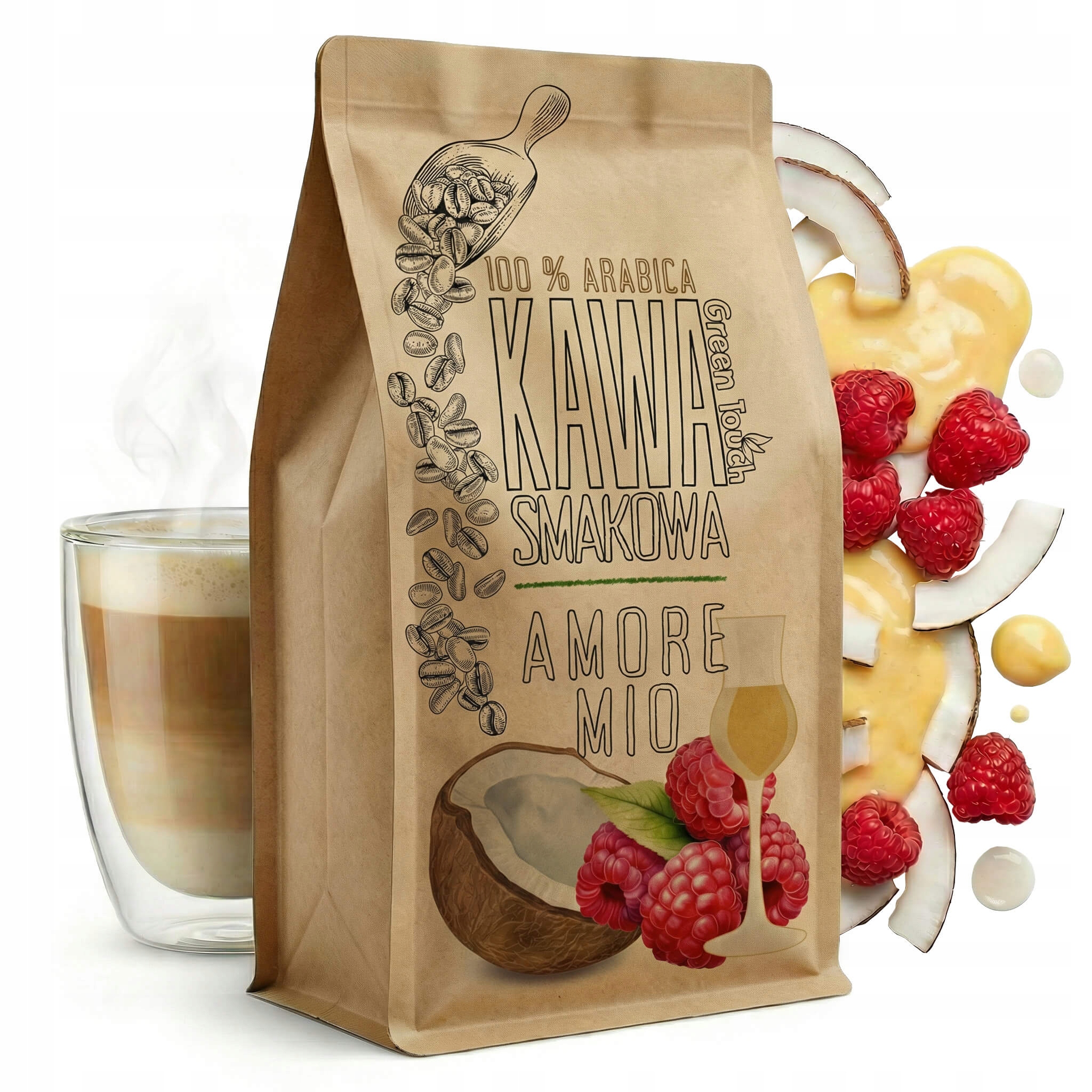 Levně Káva Zrnková s příchutí Amore Mio kokos malina advokát 1 kg Green Touch