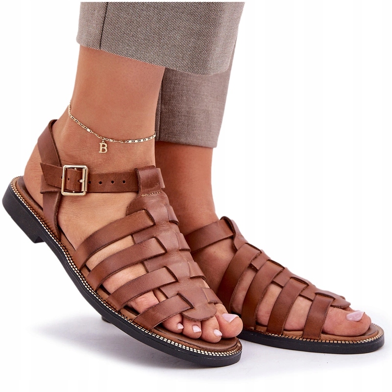 Sandály Přírodní Kůže Plochý Podpatek Zazoo 3688 Camel 37