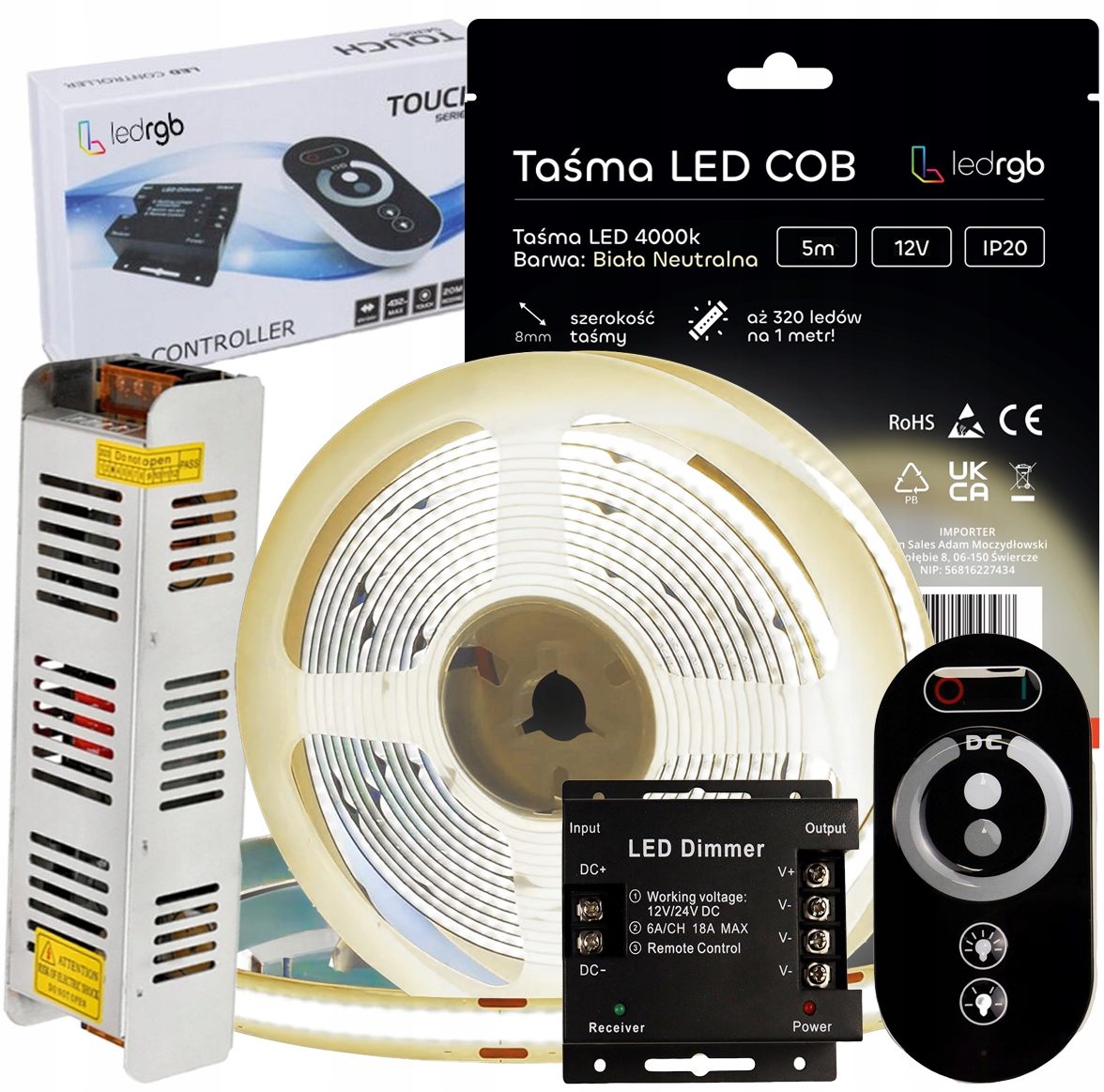 Sada Led pásků Cob 12V 5 m 4000K Bílá Neutrální Napájecí Zdroj Dálkový Ovladač Rádiový