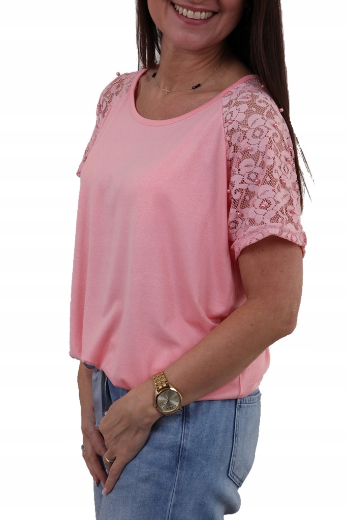 

Gładka Bluzka Rękaw Koronka Perełki *2XL