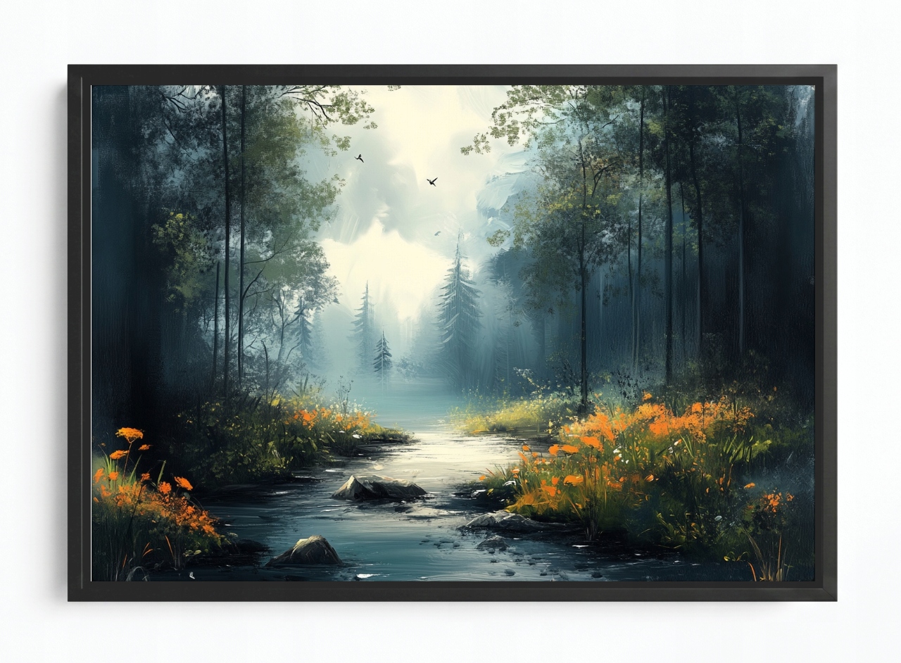 Obraz Rám Americký Box Příroda Krajina Les Řeka Potok Květiny Mlha 60x40