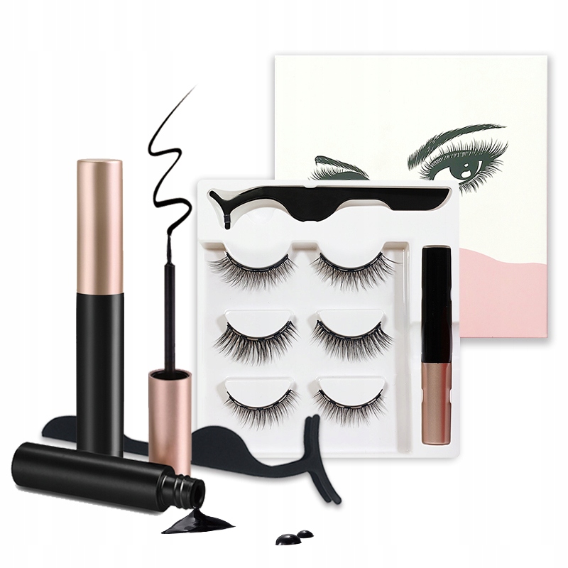 RZĘSY MAGNETYCZNE 3X DŁUGIE + PĘSETA + EYELINER Typ syntetyczne