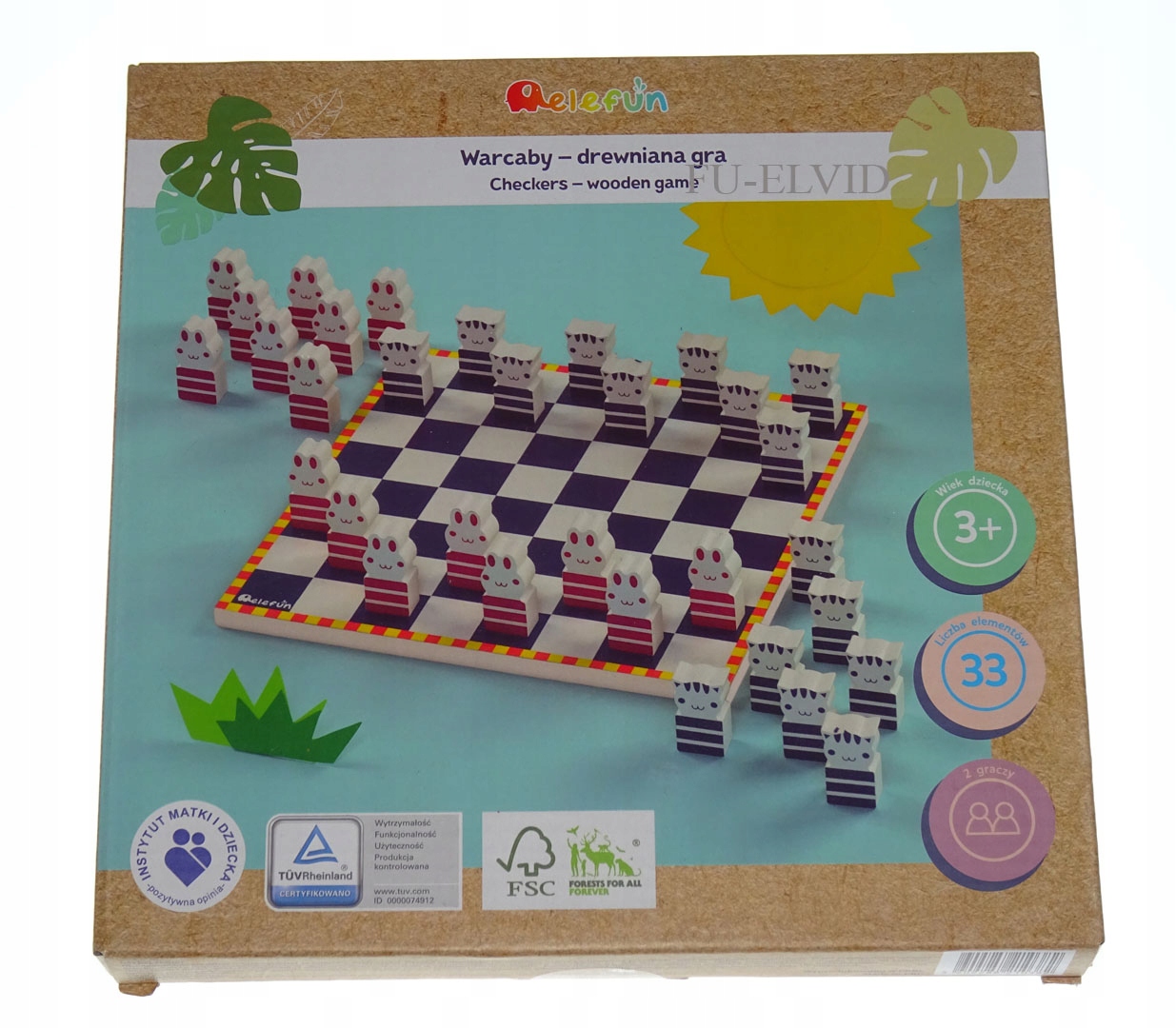 Drewniana gra warcaby Elefun 33 el +plakat zestaw