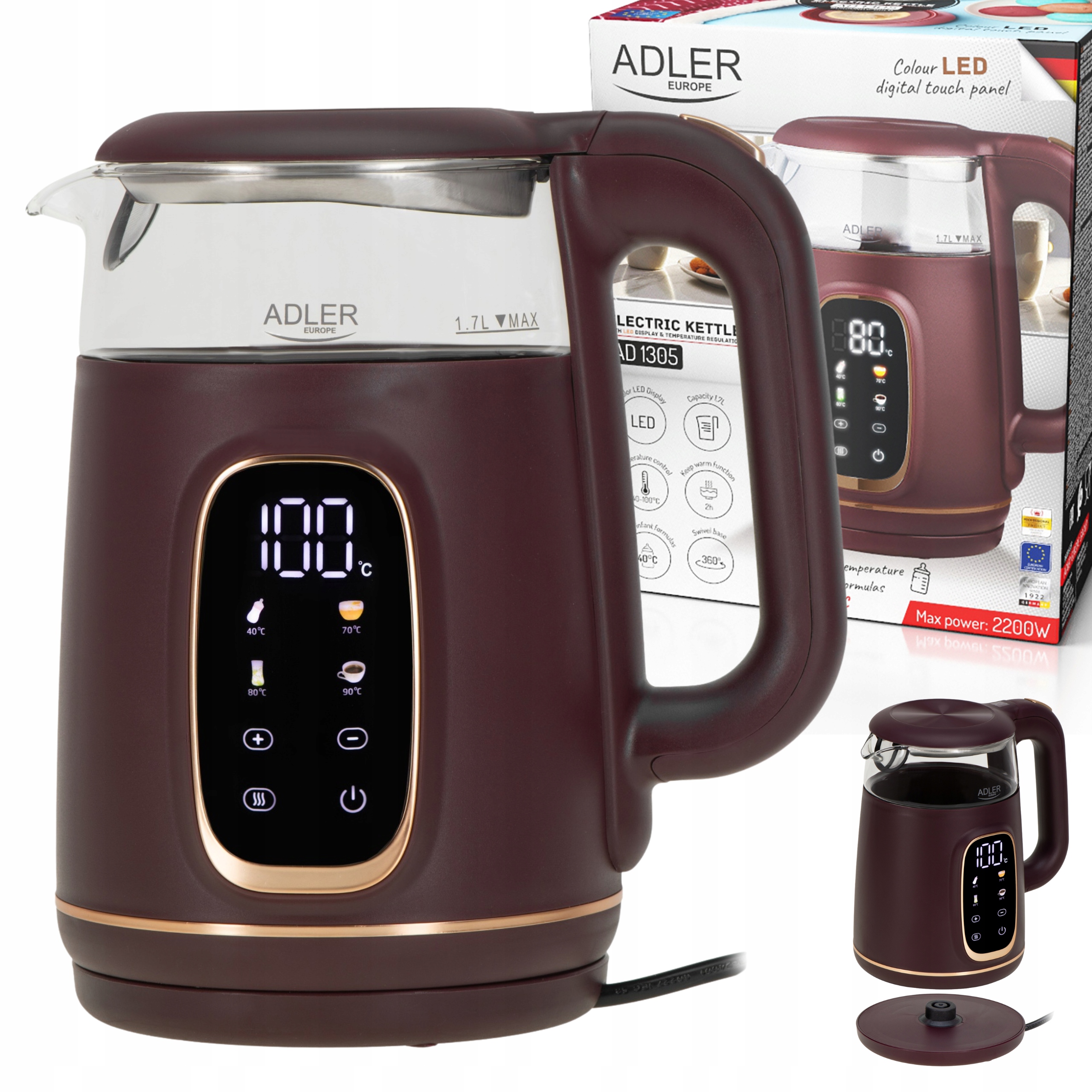 Elektrická skleněná konvice do kuchyně s regulací teploty 1,7 l 2200 W