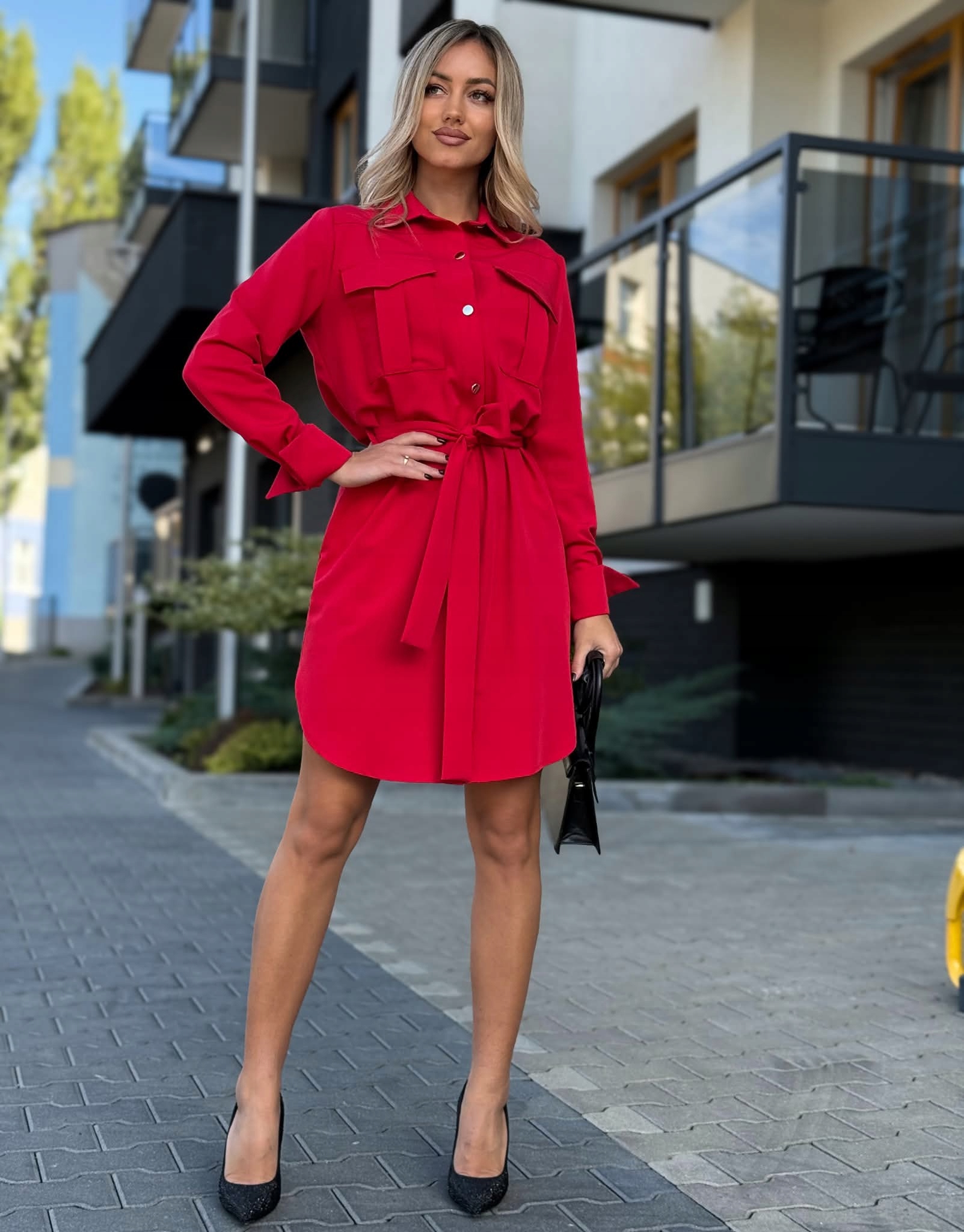 Šaty Košilová Šmizjerka Marina Elegantní s páskem Červená XL