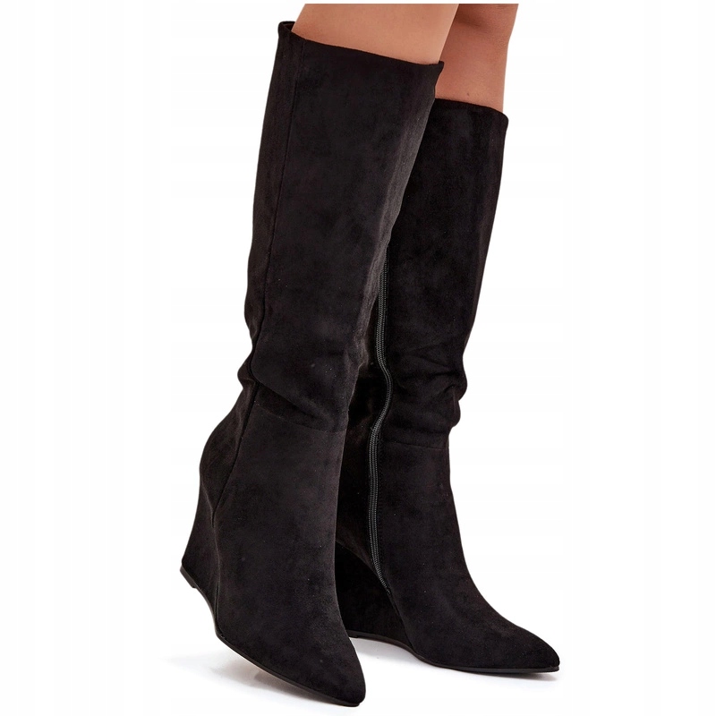 Dámské Eko Semišové Kozačky Na Podpatku, Zateplené Na Zip, Černé, Velikost 41