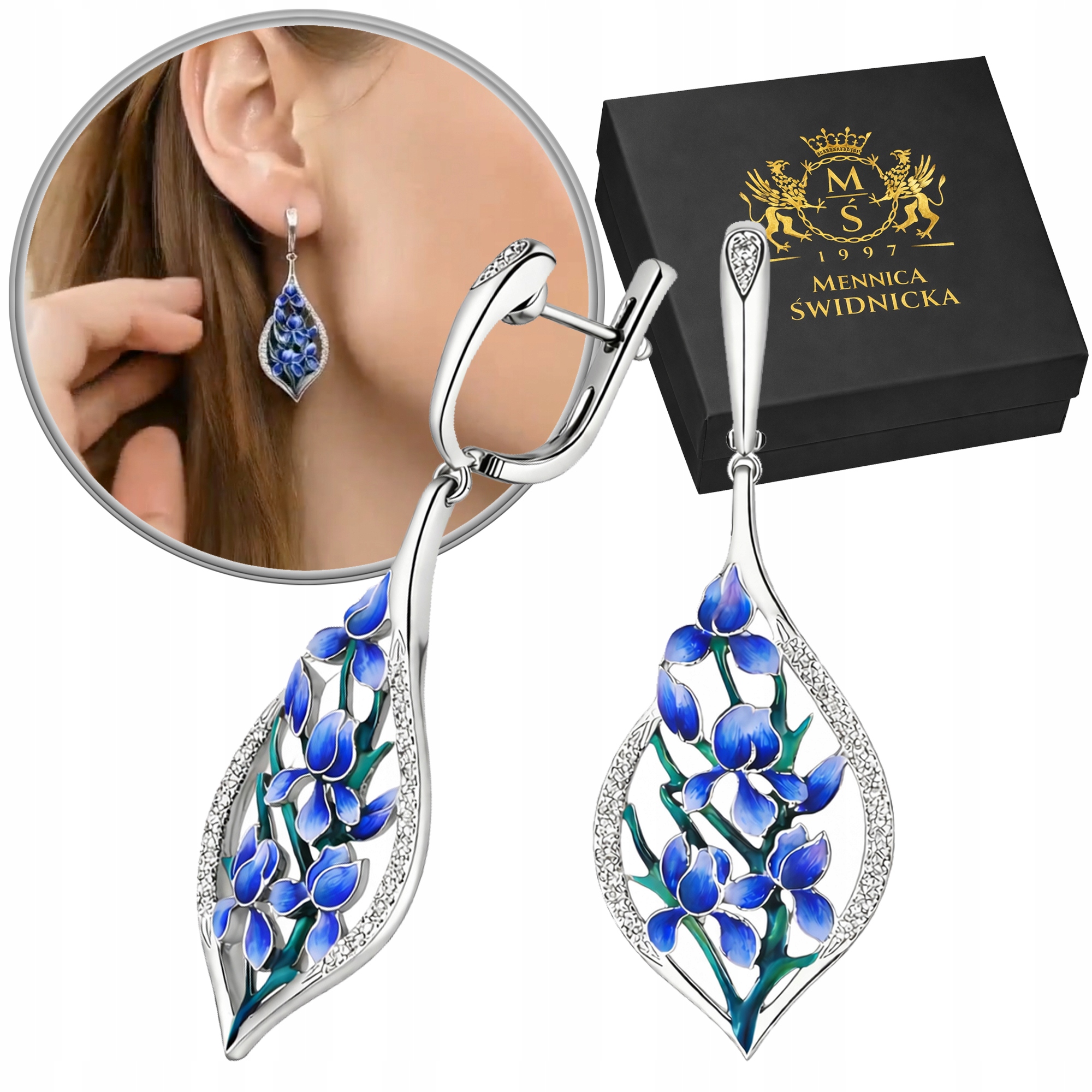 Kolczyki Kwiaty Niebieskie Wiszące Stal Szlachetna Angielskie Zapięcie