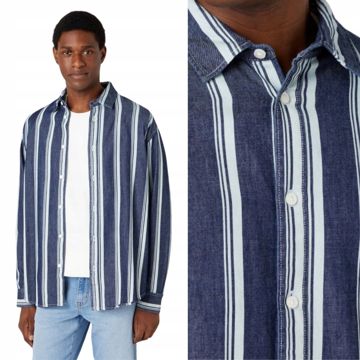 Wrangler Non Pocket Shirt Navy Volná Bavlněná Tmavě Modrá Košile S Pruhy L