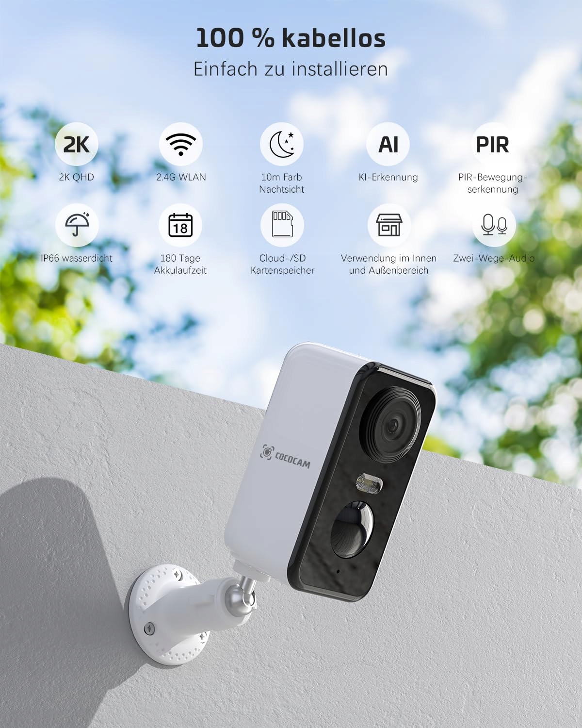 COCOCAM Kamera Zewnętrzna 2K Bezprzewodowa WiFi PIR Detekcja Ruchu AI — miniatura 2