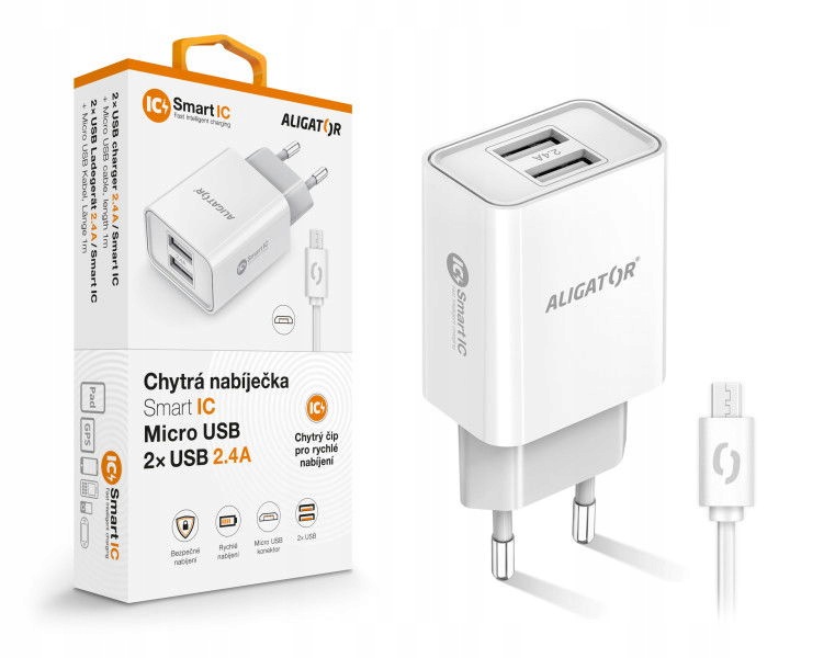 Inteligentna ładowarka sieciowa Aligator 2,4A, 2xUSB, smart IC, biała, micro Usb