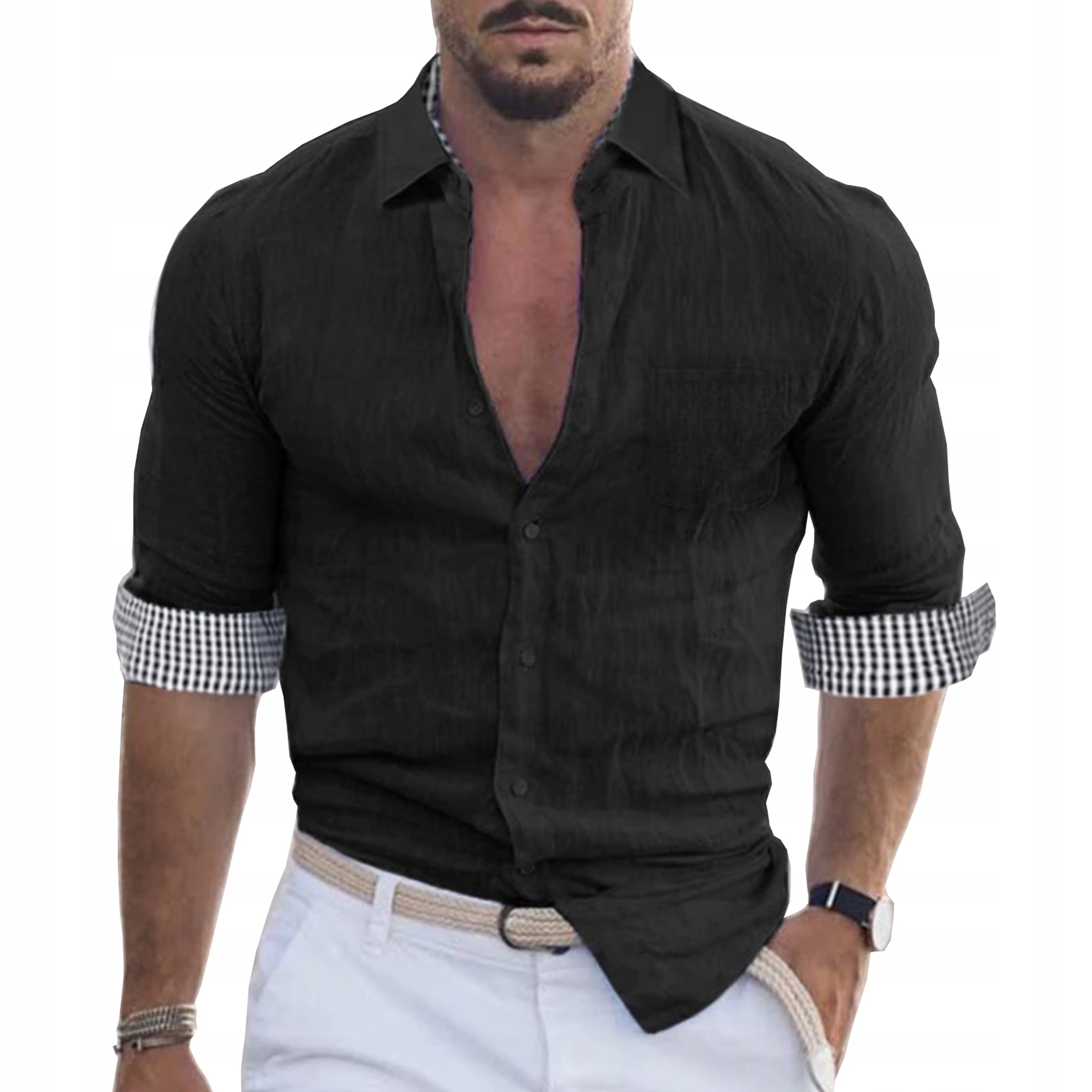 Pánská košile Casual Lněná Len Mřížka Denní