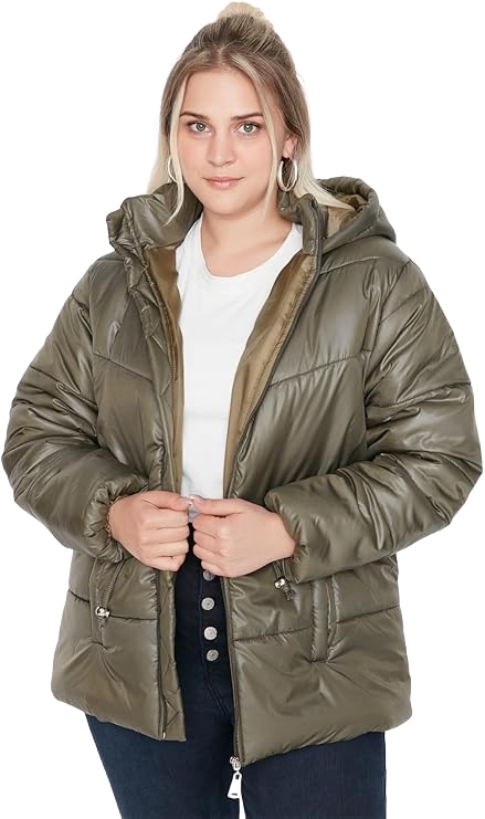 Trendyol Prošívaná Bunda S Kapucí Khaki Plus Size 48 6BA