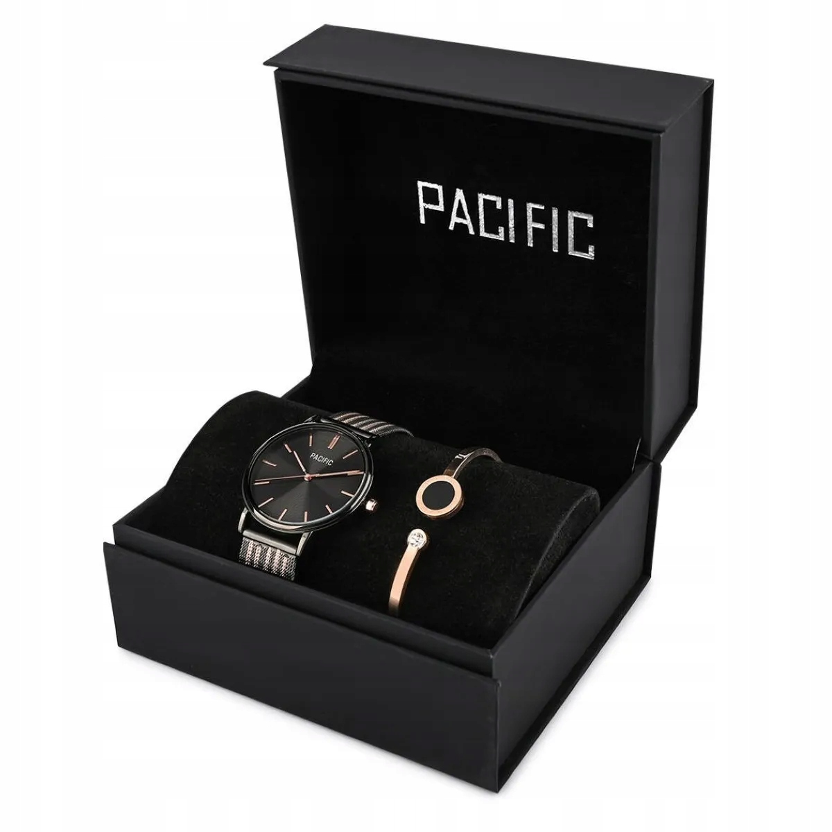 Komplet jako dárek černo-zlaté dámské hodinky s náramkem Pacific