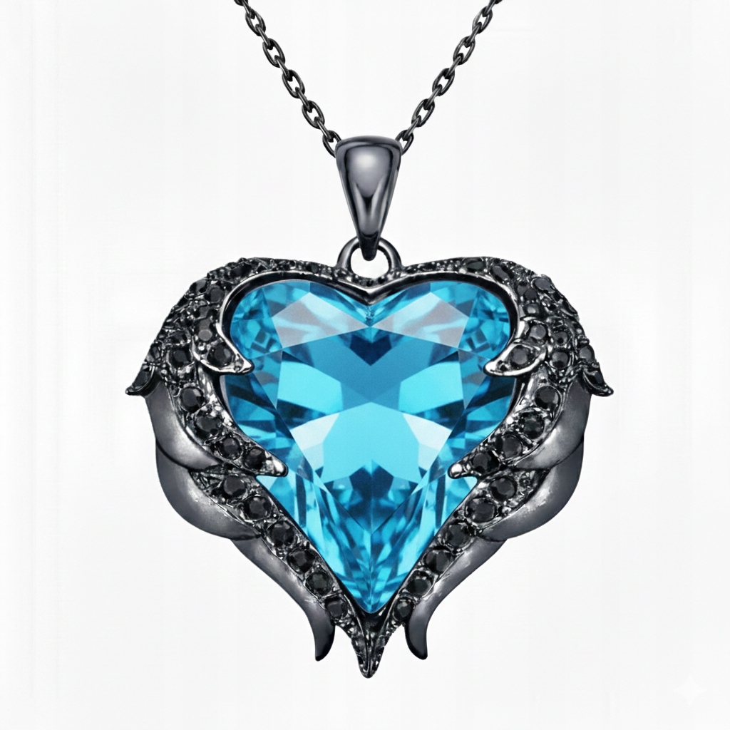 Naszyjnik srebrny damski serce anioła rodowany niebieski srebro próba 925i