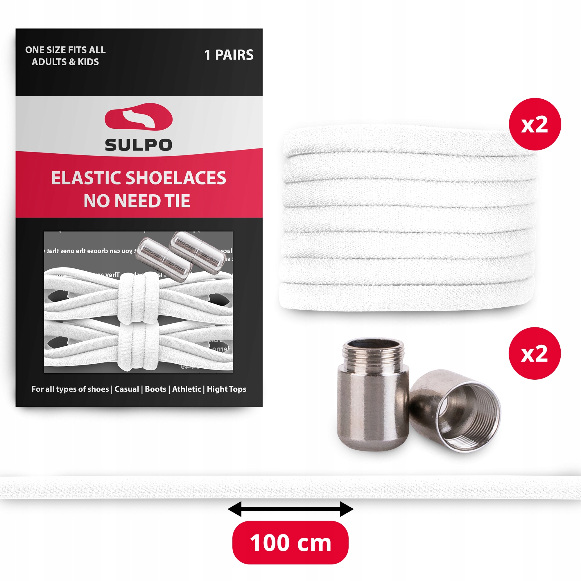 Sznurówki do obuwia bez wiązania dla dzieci praktyczne białe Długość całkowita 100 cm